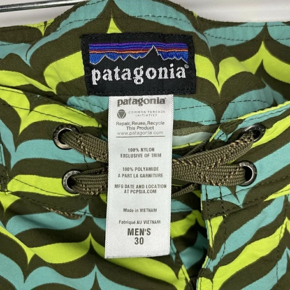Patagonia Sz 30” Mens 10” Board Shorts Drawstring Brown Aqua Yellow Nylon